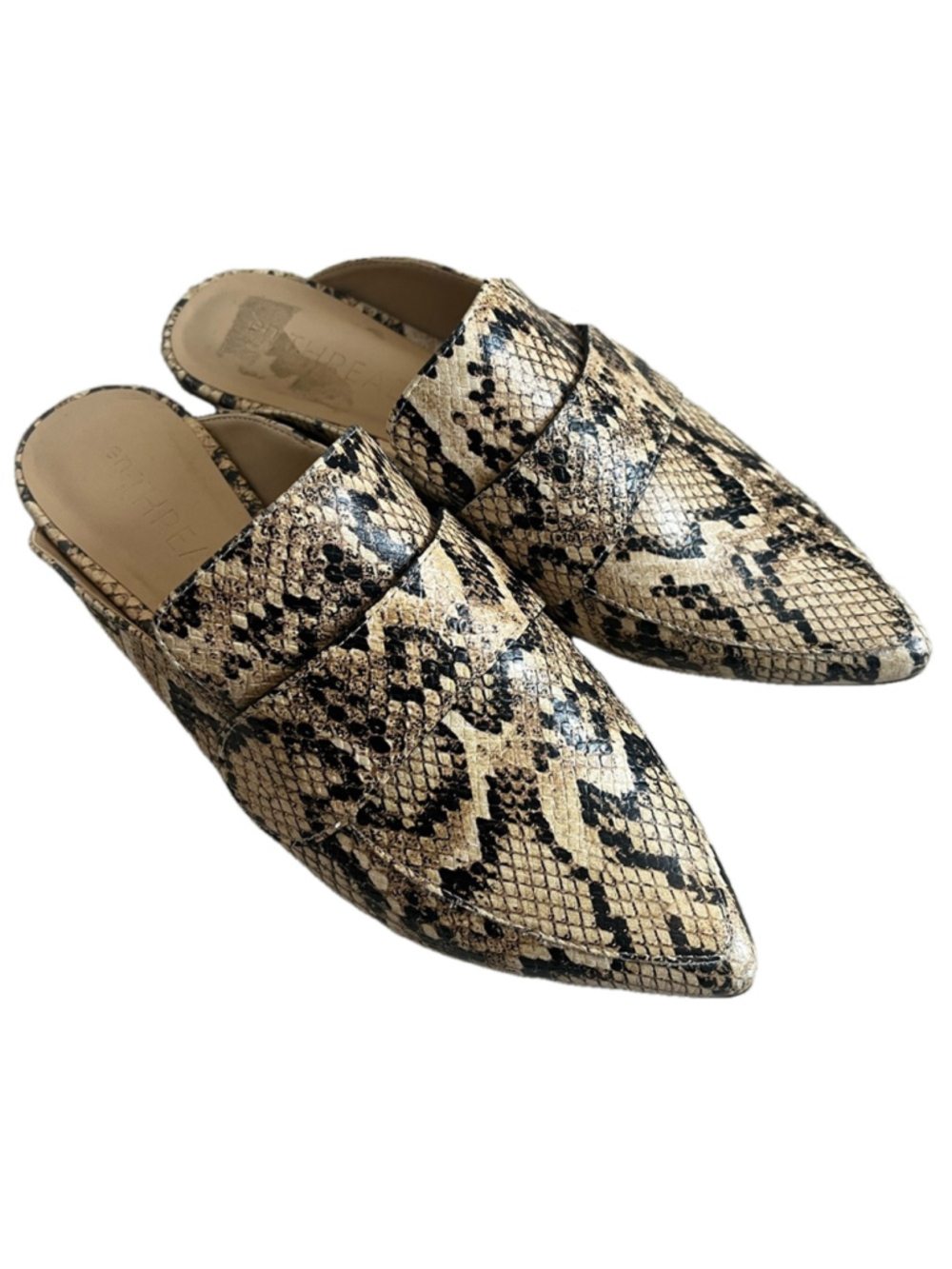 En Thread Snakeskin Pointed Toe Darla Mules Taupe Black Slip On Loafers Flat
